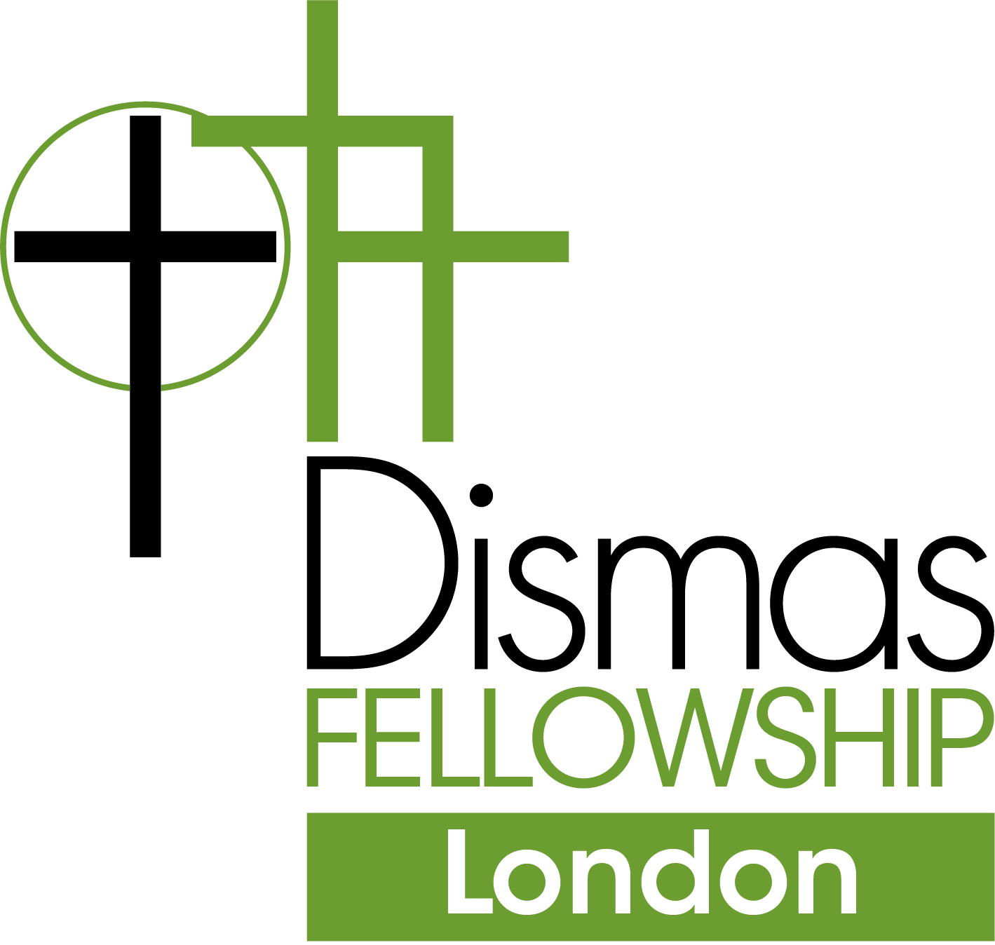logo, 3 crosses and words Dismas Fellowship London