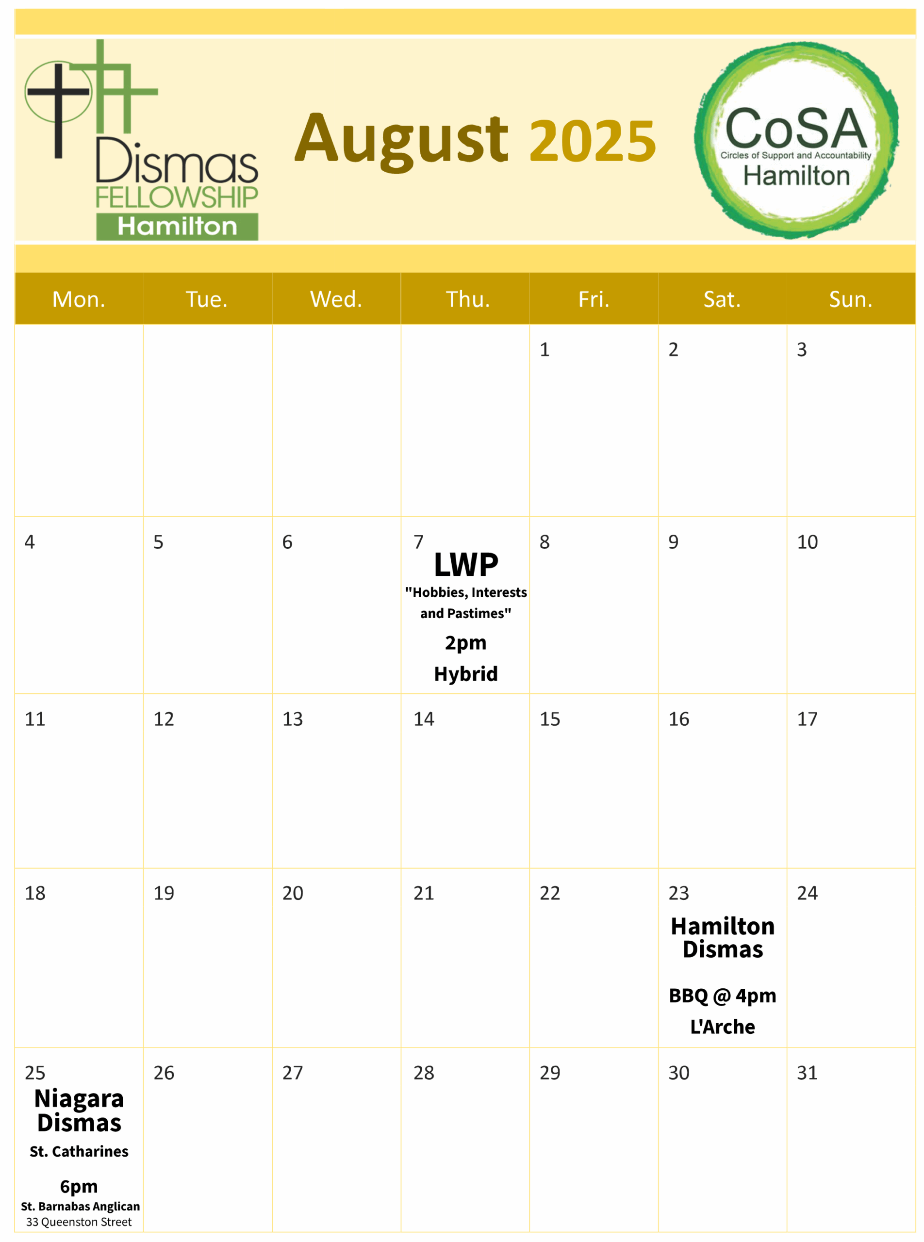 CoSA Hamilton August 2025 Calendar
