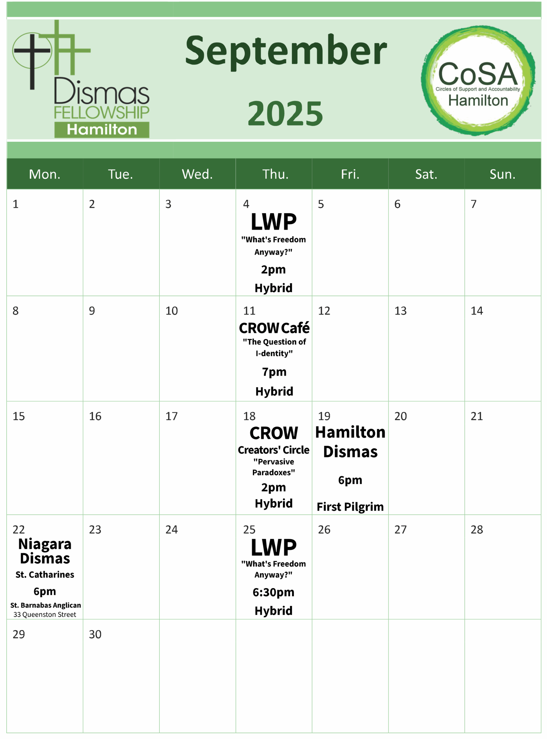 CoSA Hamilton Calendar - September 2025