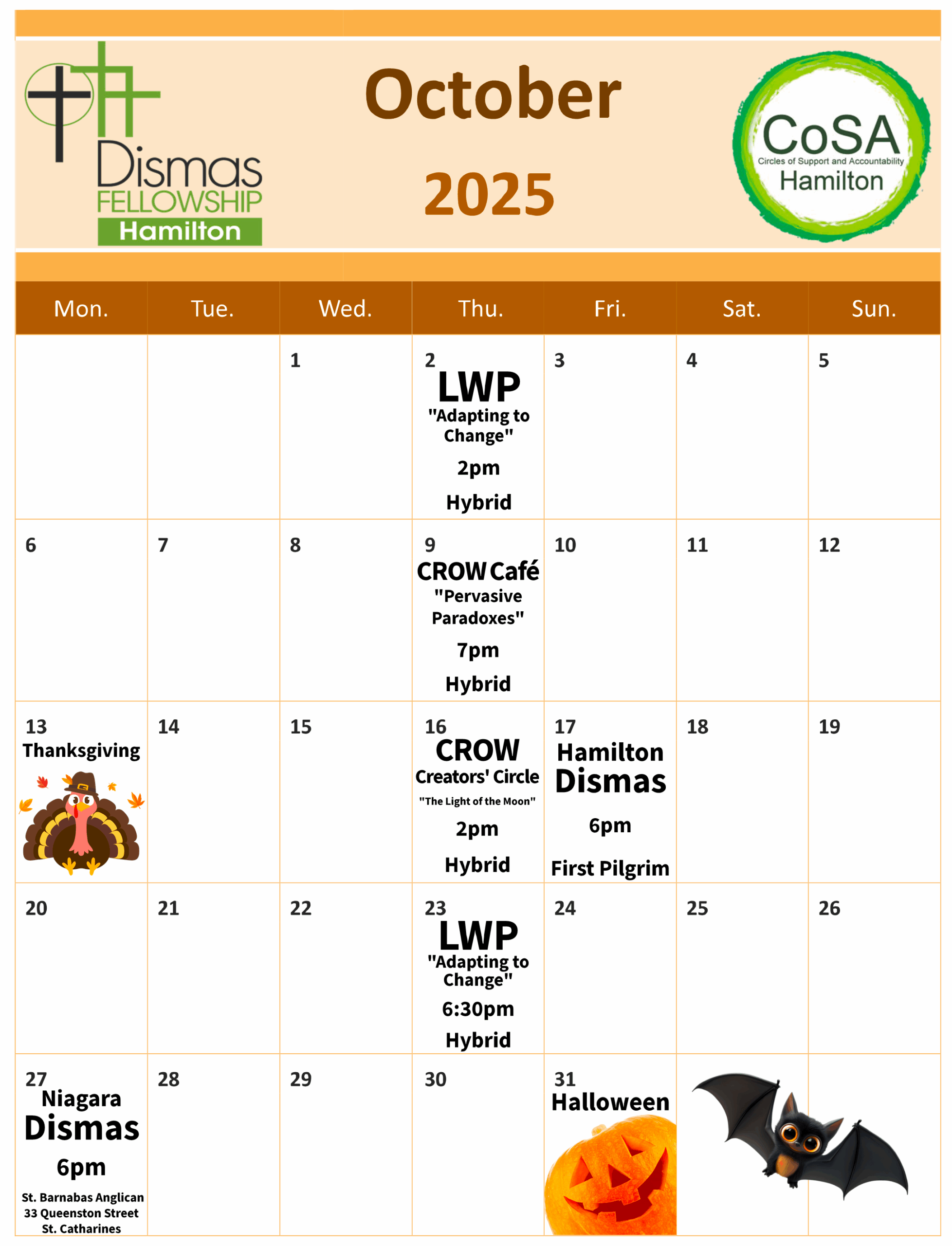 CoSA Hamilton Events Calendar October 2025