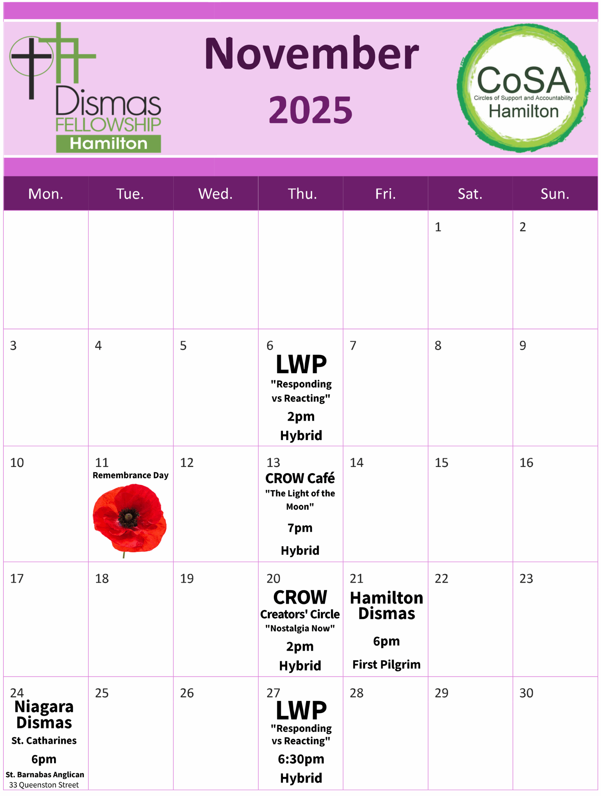 CoSA Hamilton Events Calendar November 2025