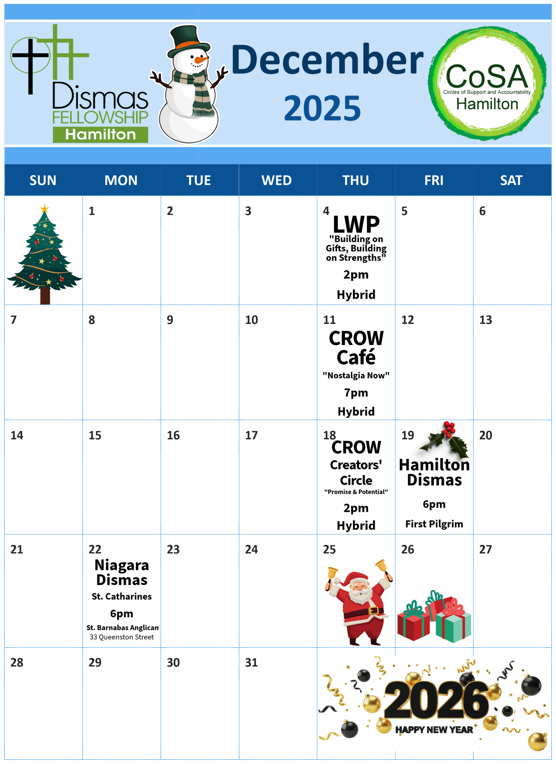 CoSA Hamilton Monthly Calendar of Events - December 2025