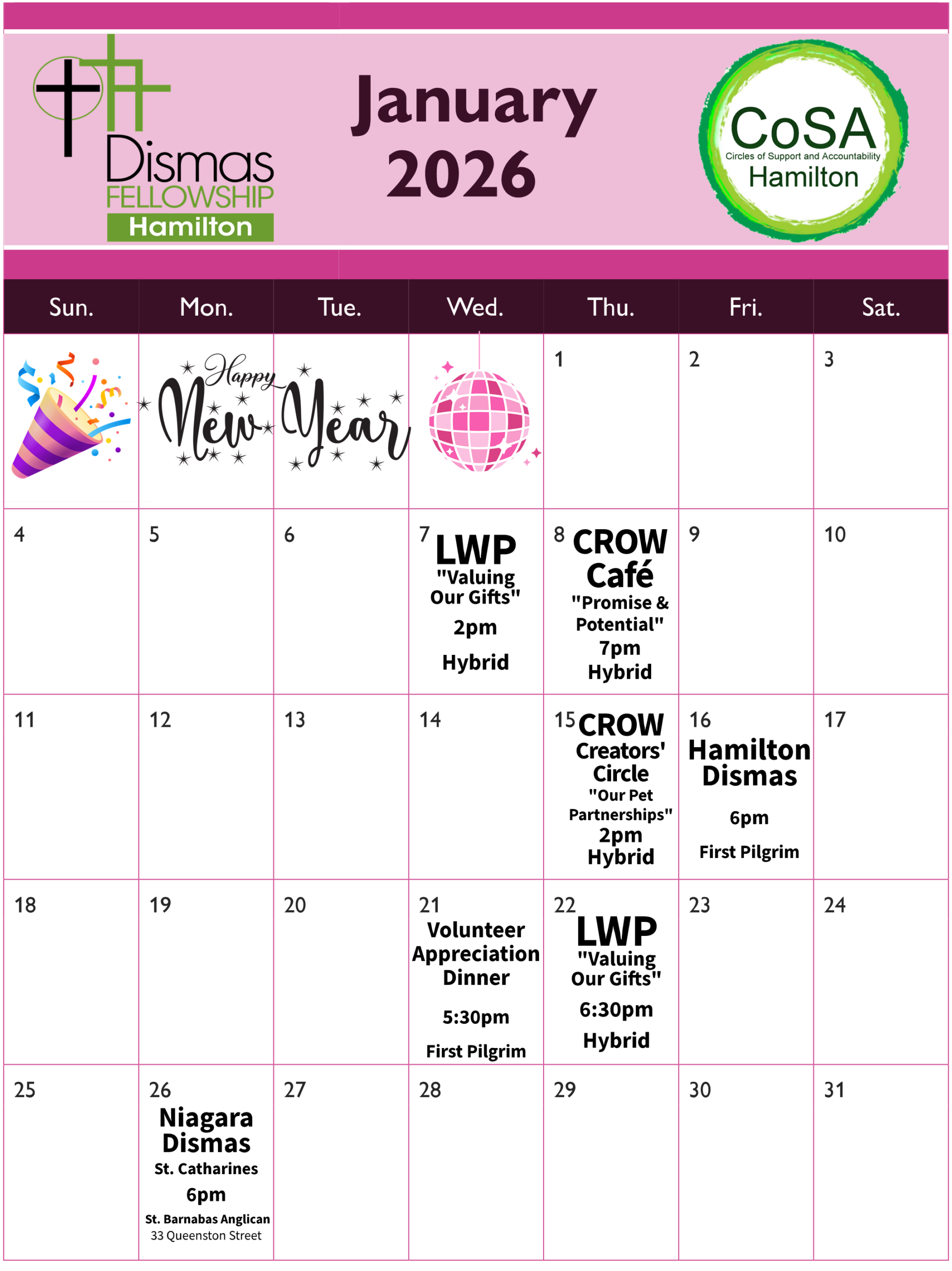 CoSA Hamilton Calendar of Events - January 2026