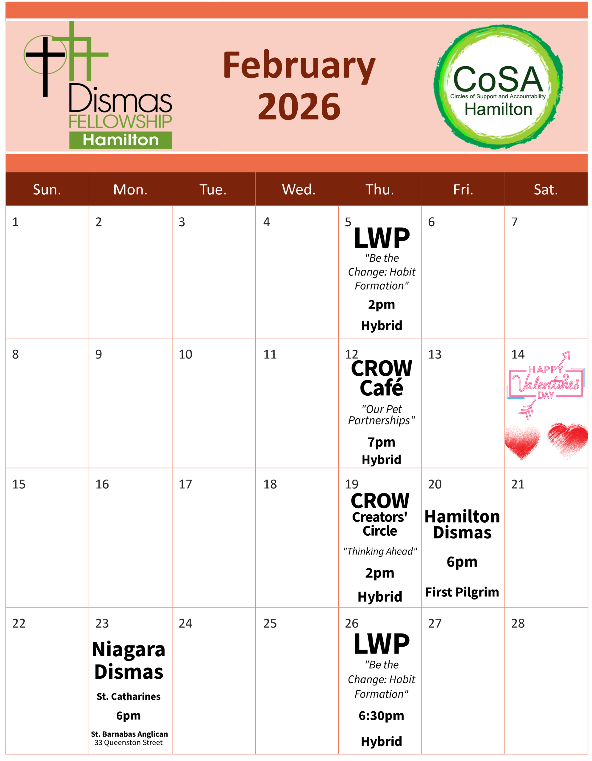 CoSA Hamilton Calendar - February 2026