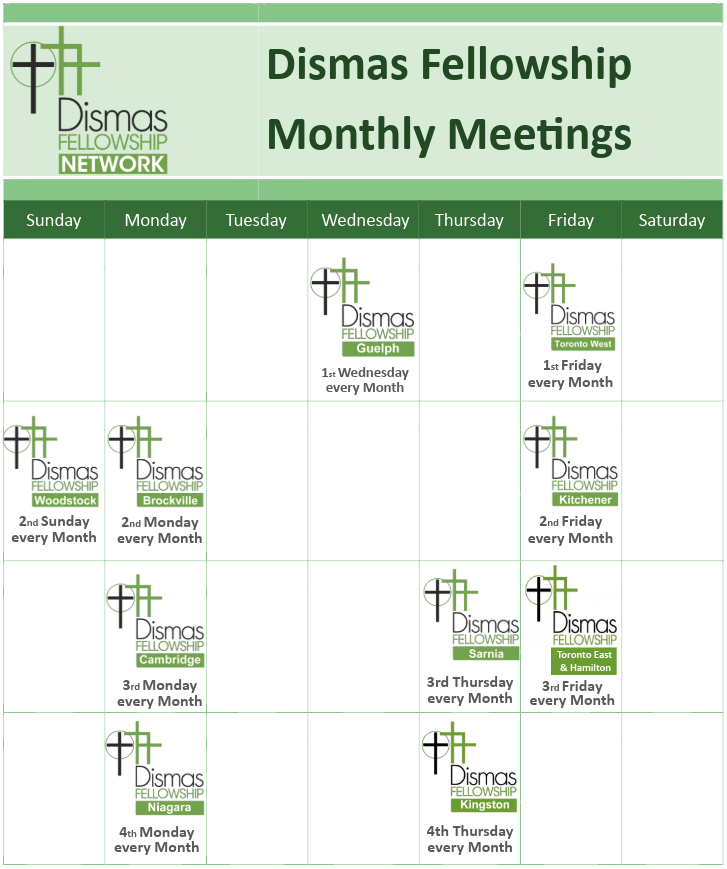 Monthly Calendar of Dismas Fellowship Meetings 2026