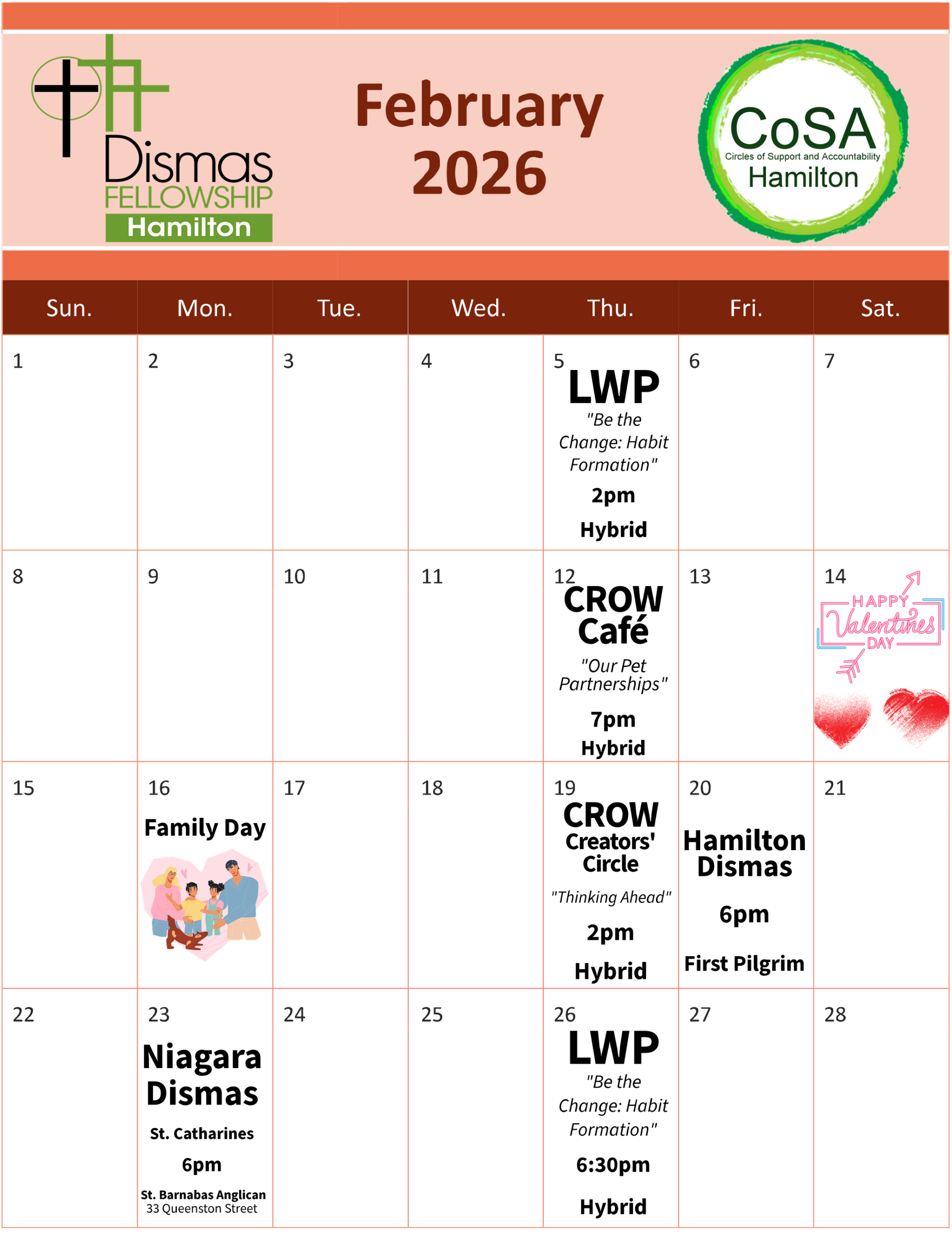 CoSA Hamilton Events Calendar - February 2026