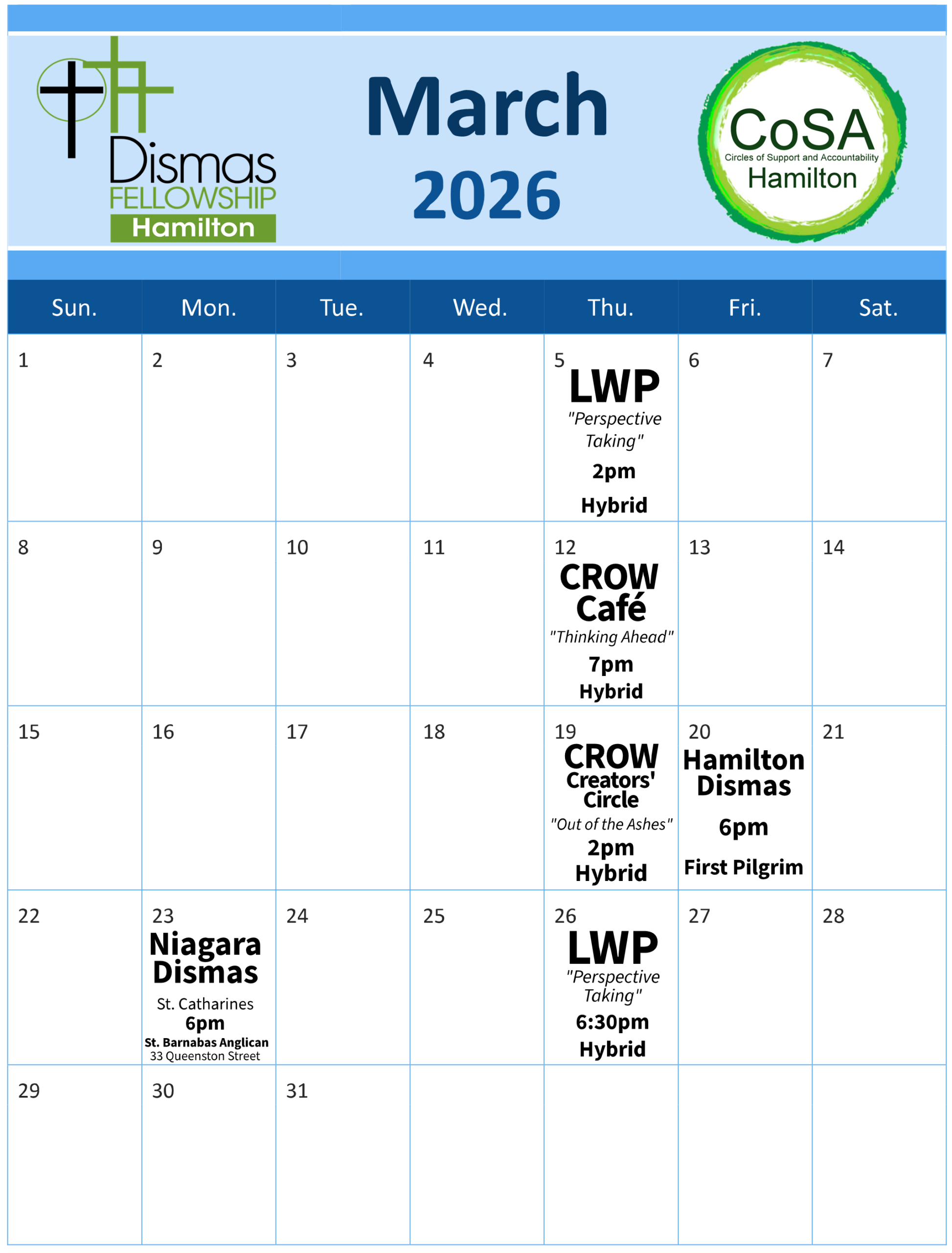 CoSA Hamilton Events Calendar - March 2026