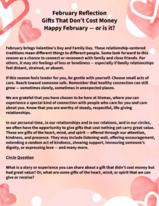 February Reflection Dismas Fellowship (Valuable Gifts that Don't Cost Money)