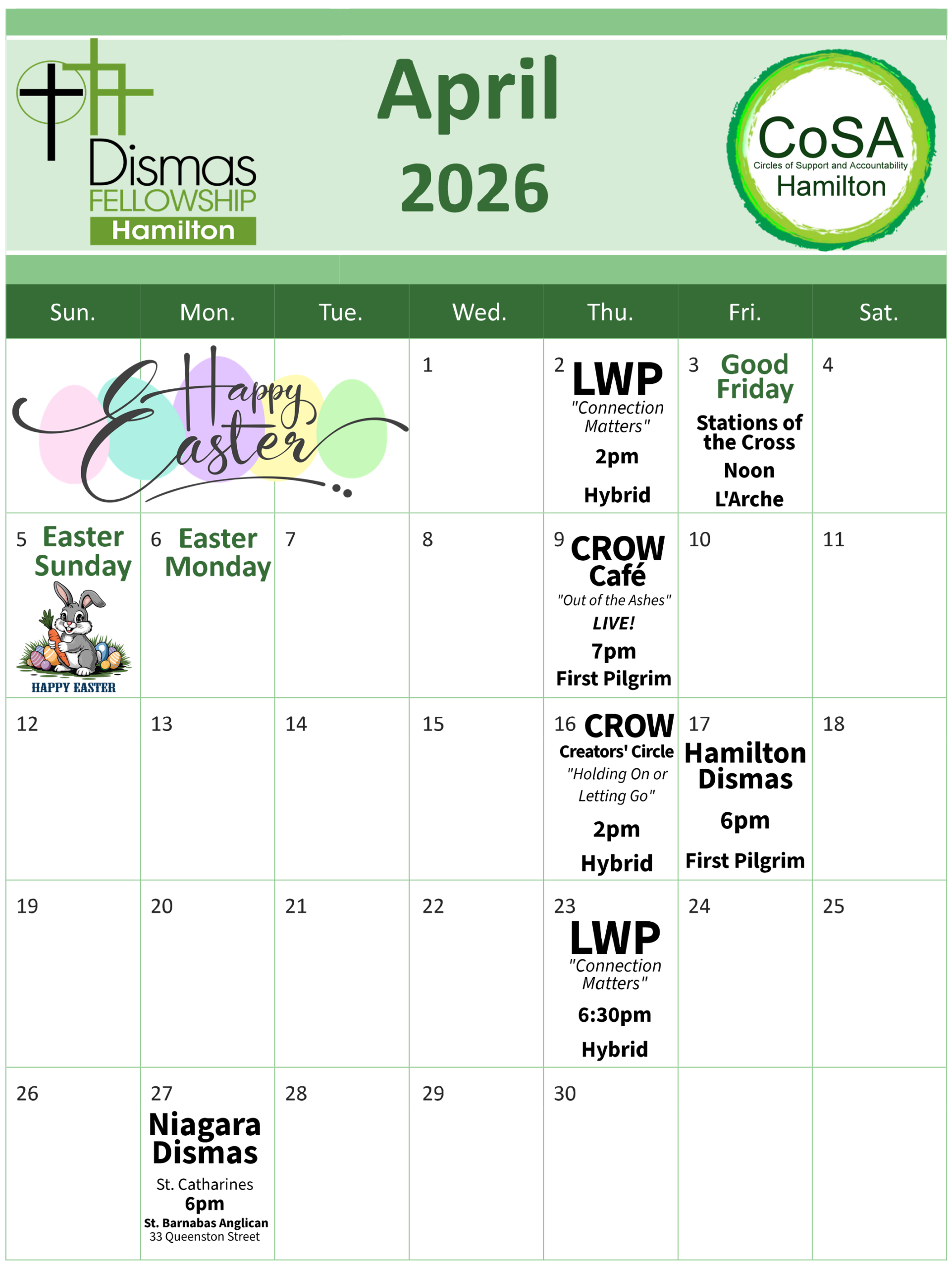 CoSA Hamilton Events Calendar - April 2026