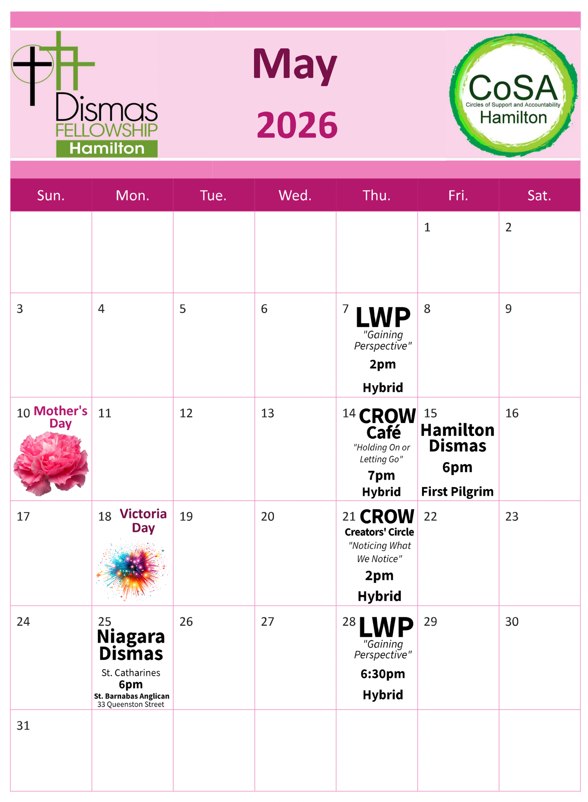 CoSA Hamilton & Dismas Hamilton Monthly Events Calendar - May 2026