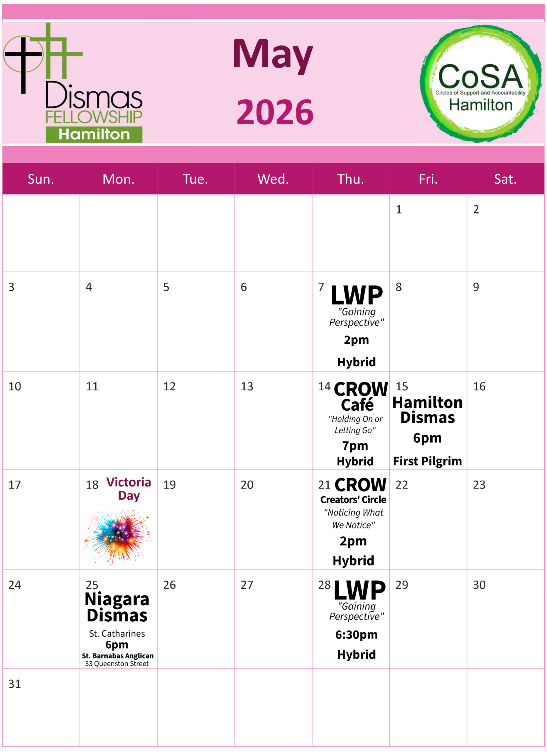 Dismas & CoSA Hamilton Events Calendar May 2026