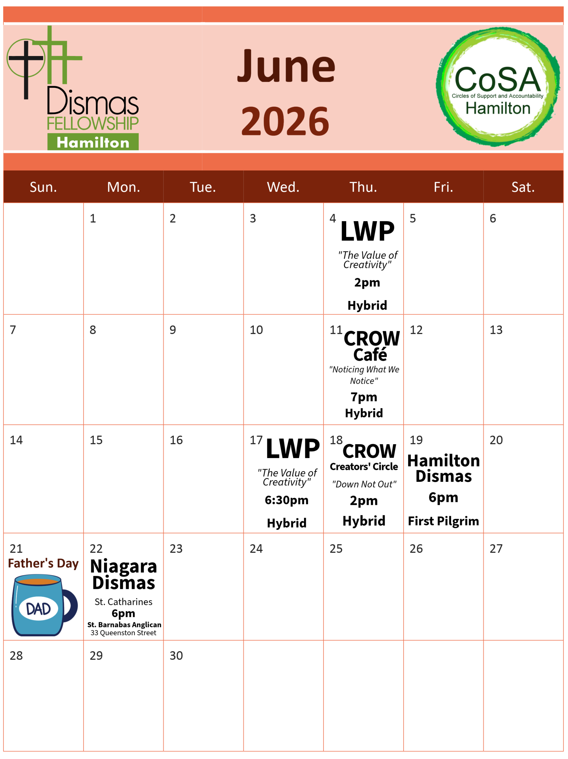 Dismas & CoSA Hamilton Monthly Events Calendar - June 2026 (revised)