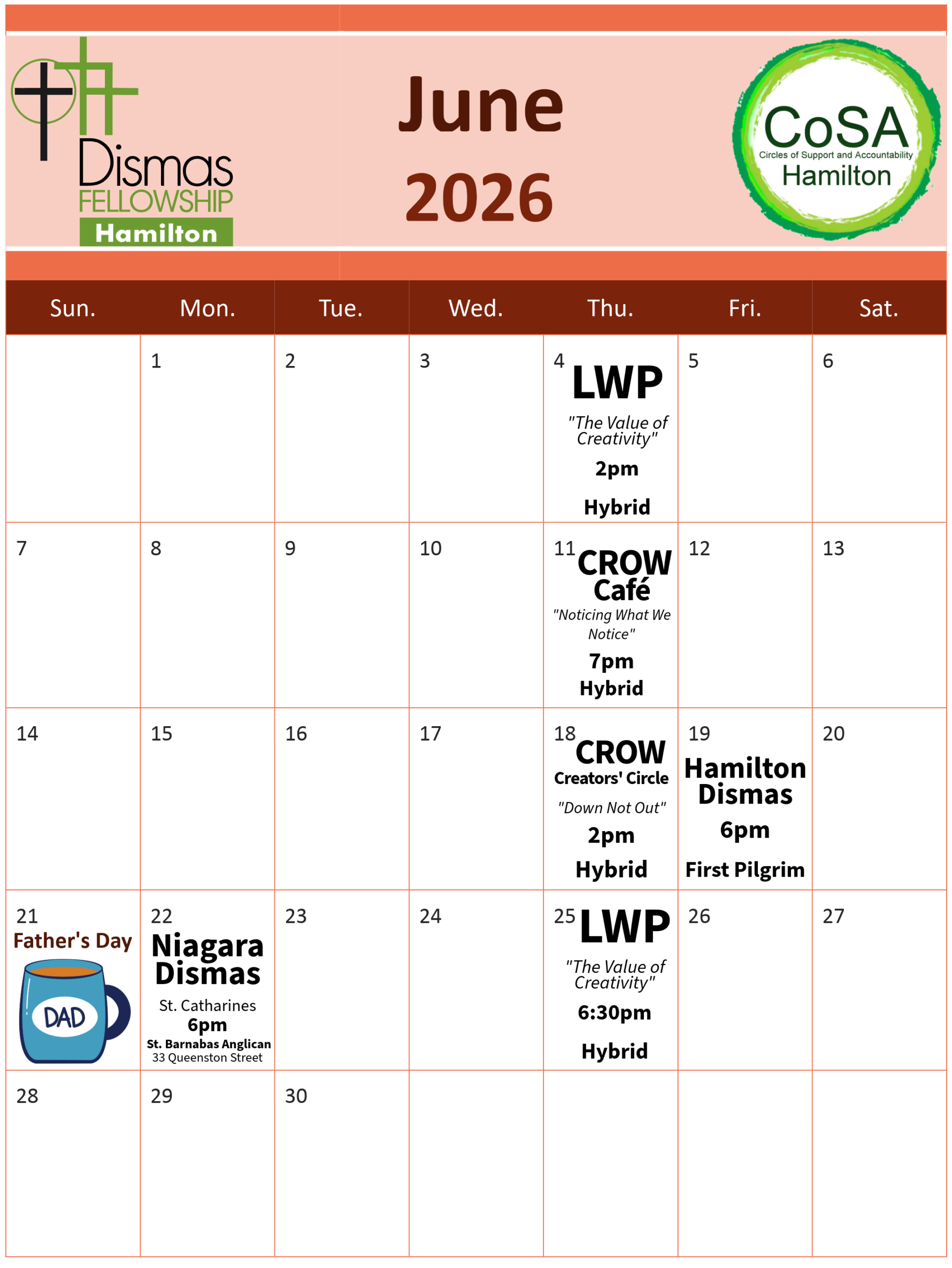 CoSA Hamilton & Dismas Hamilton Events Calendar - June 2026