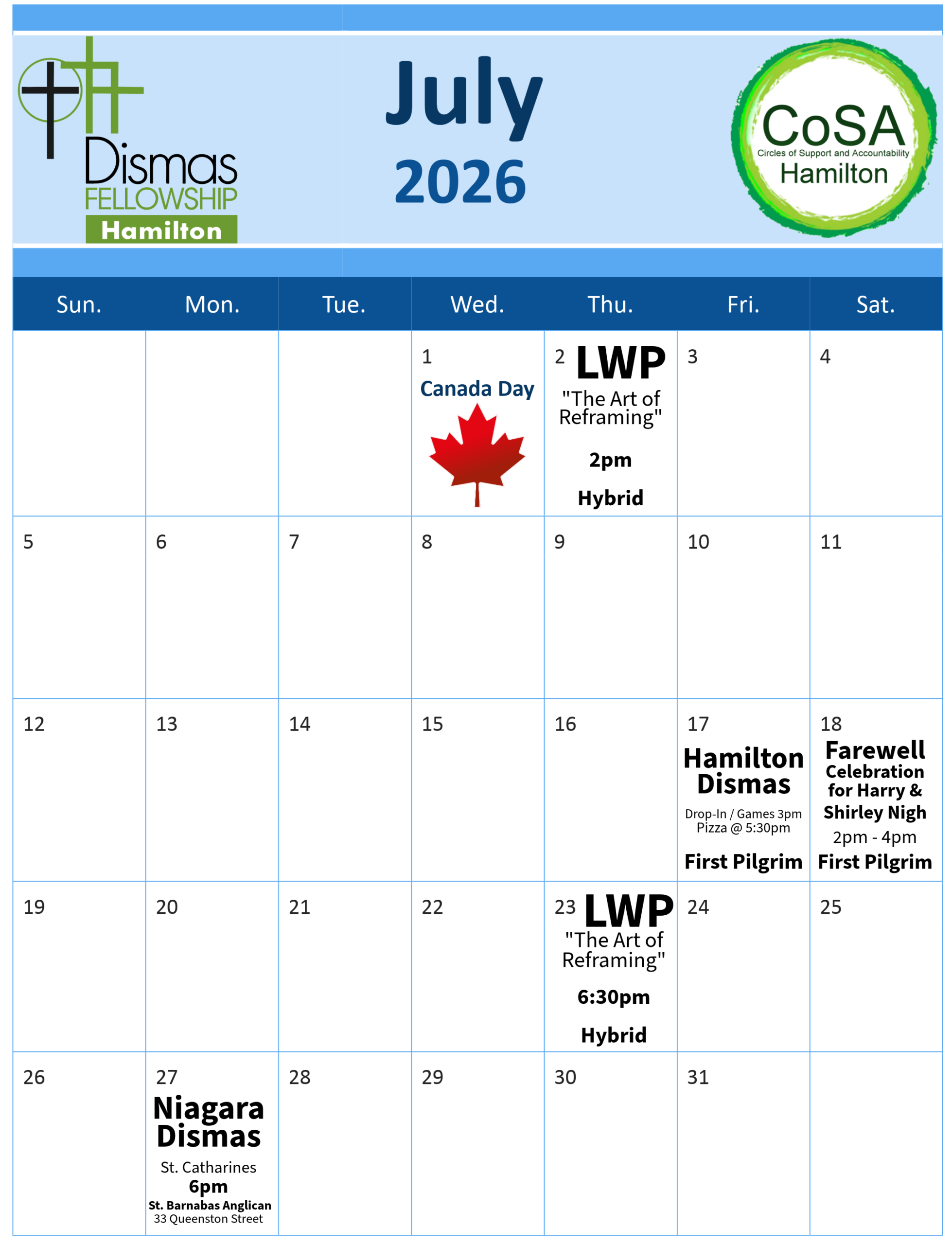 Dismas & CoSA Hamilton Calendar of Events - July 2026