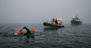 A woman swimming in the English Channel in heavy fog guided by boats