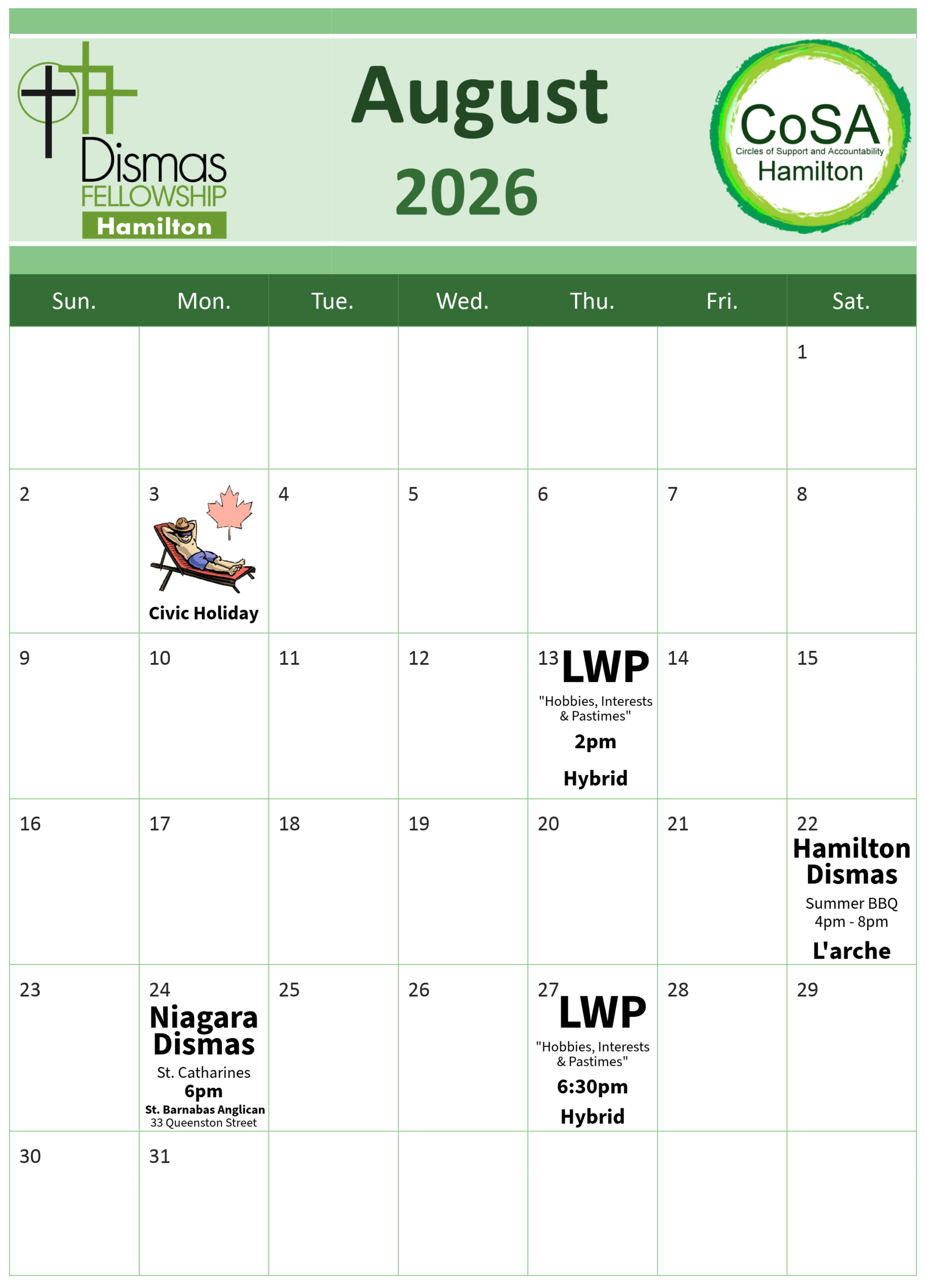 Dismas and CoSA Hamilton Calendar of Events - August 2026
