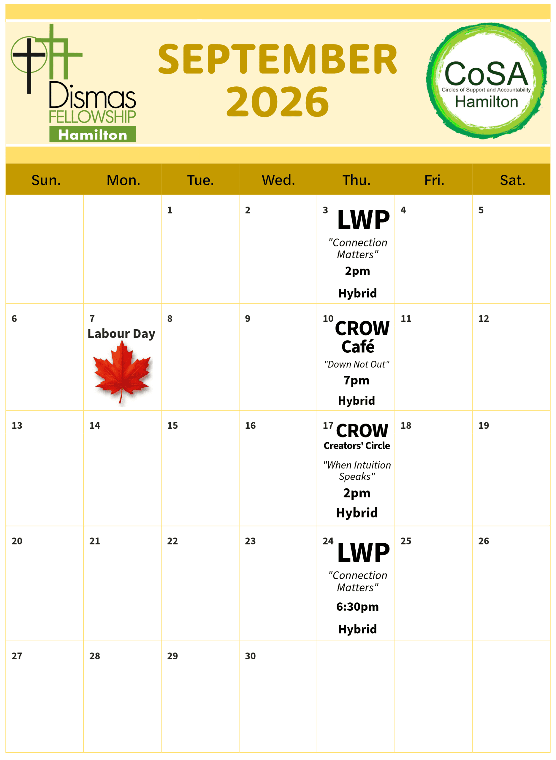 Hamilton Dismas & CoSA Hamilton Events Calendar - September 2026