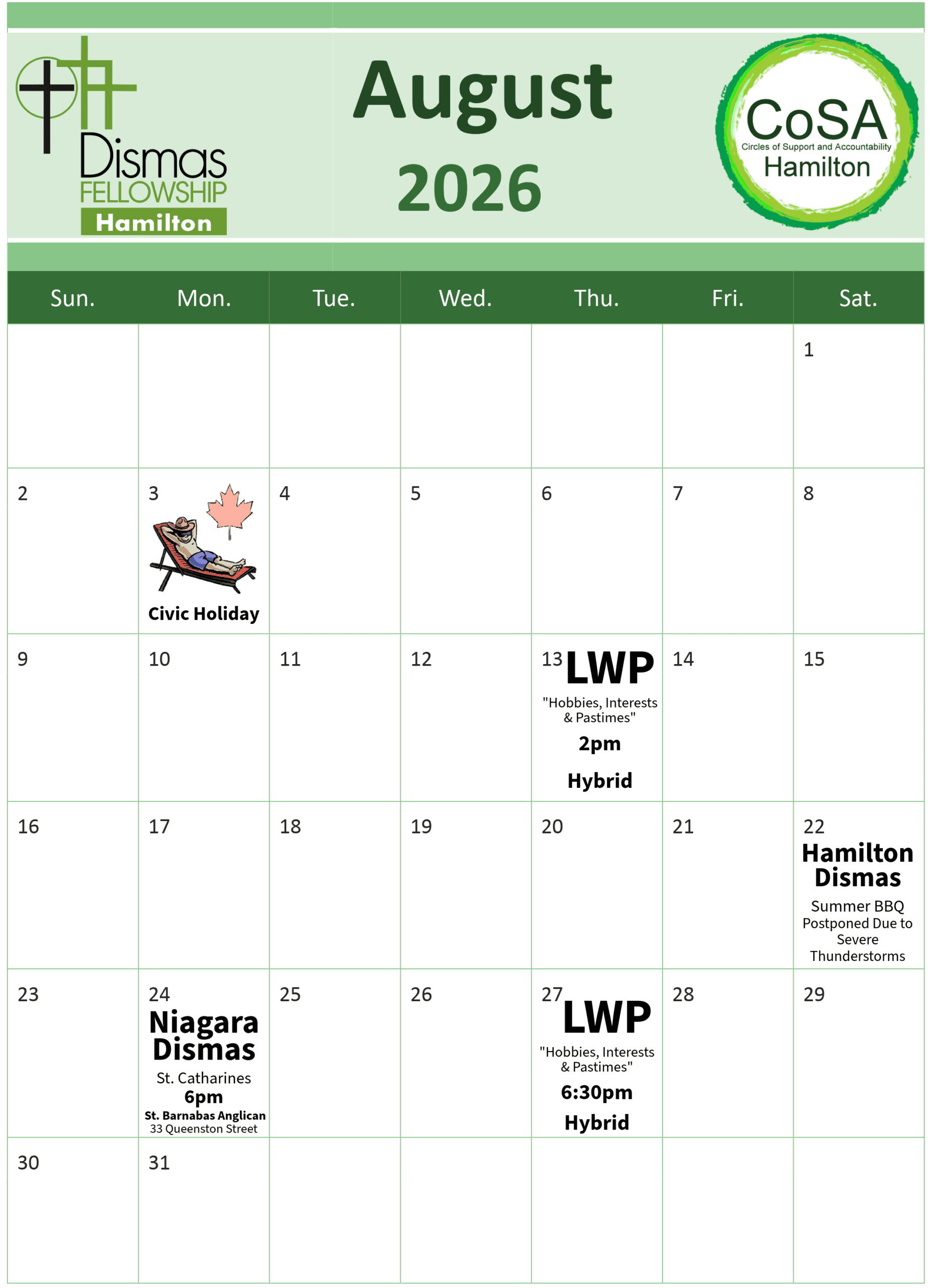 Dismas & CoSA Hamilton Events Calendar - August 2026 (with postponed BBQ)
