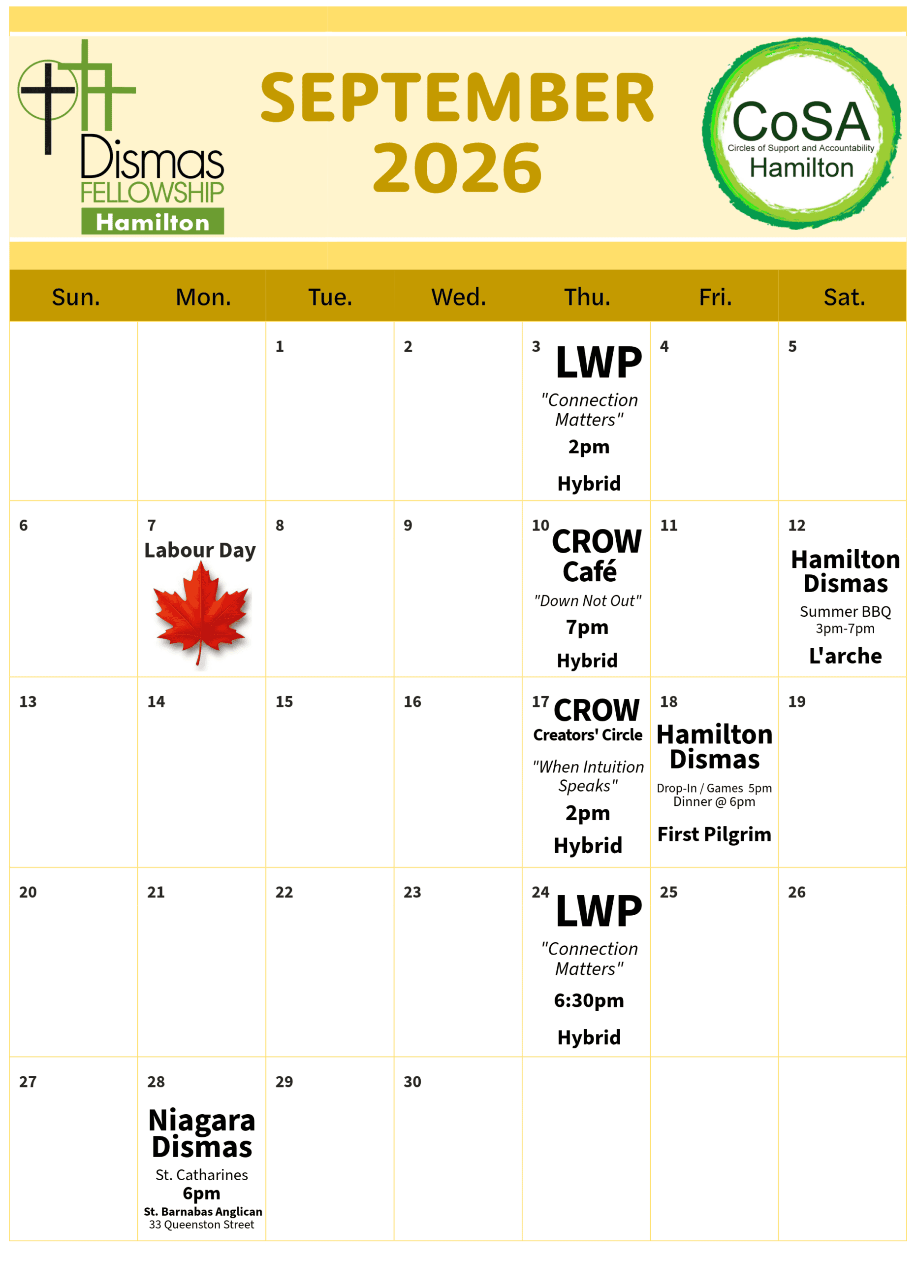 Dismas & CoSA Hamilton Calendar of Events - September 2026 (with revised BBQ)