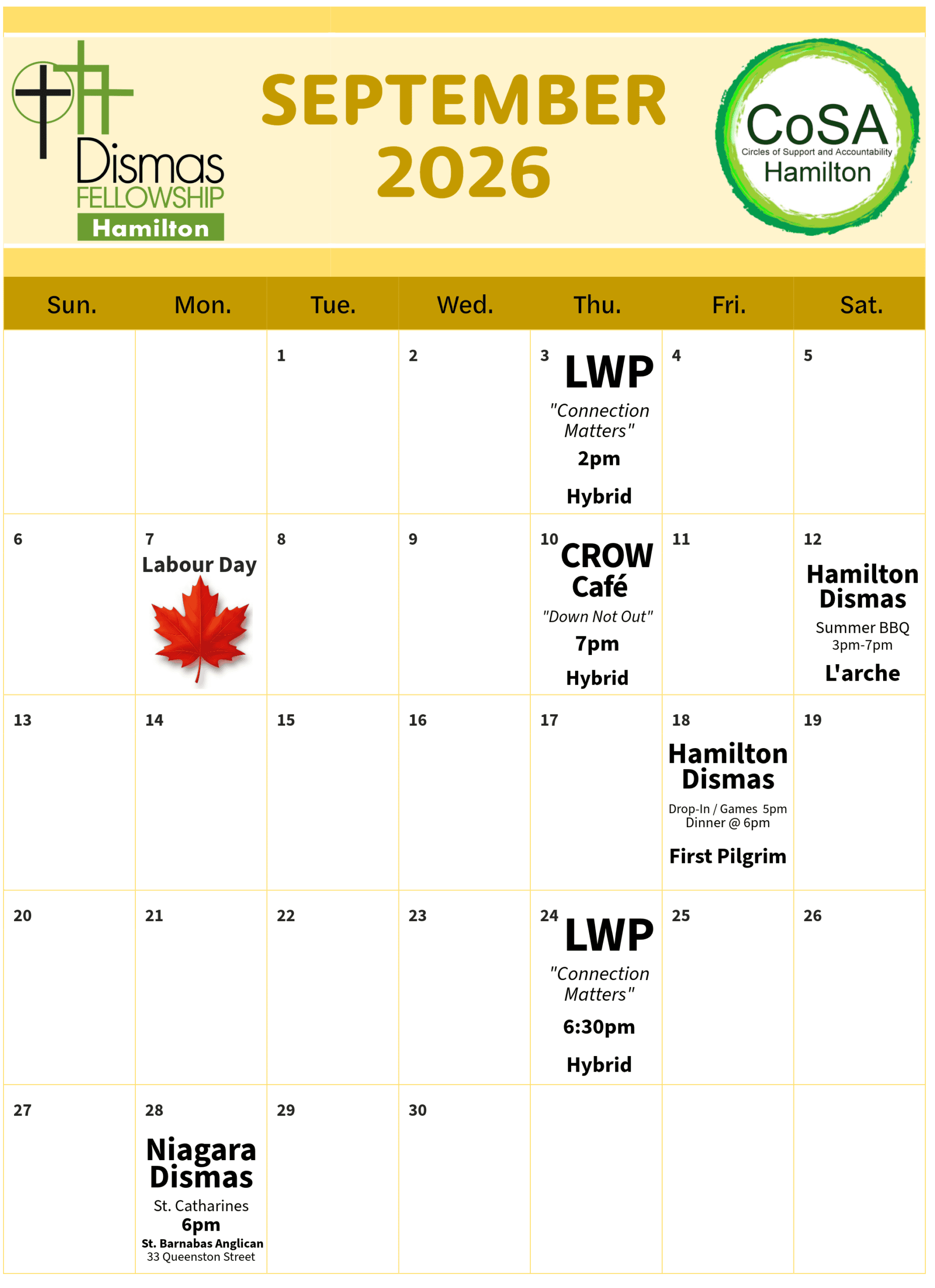 Dismas & CoSA Hamilton Calendar of Events - September 2026 - without CROW Creators' Circle