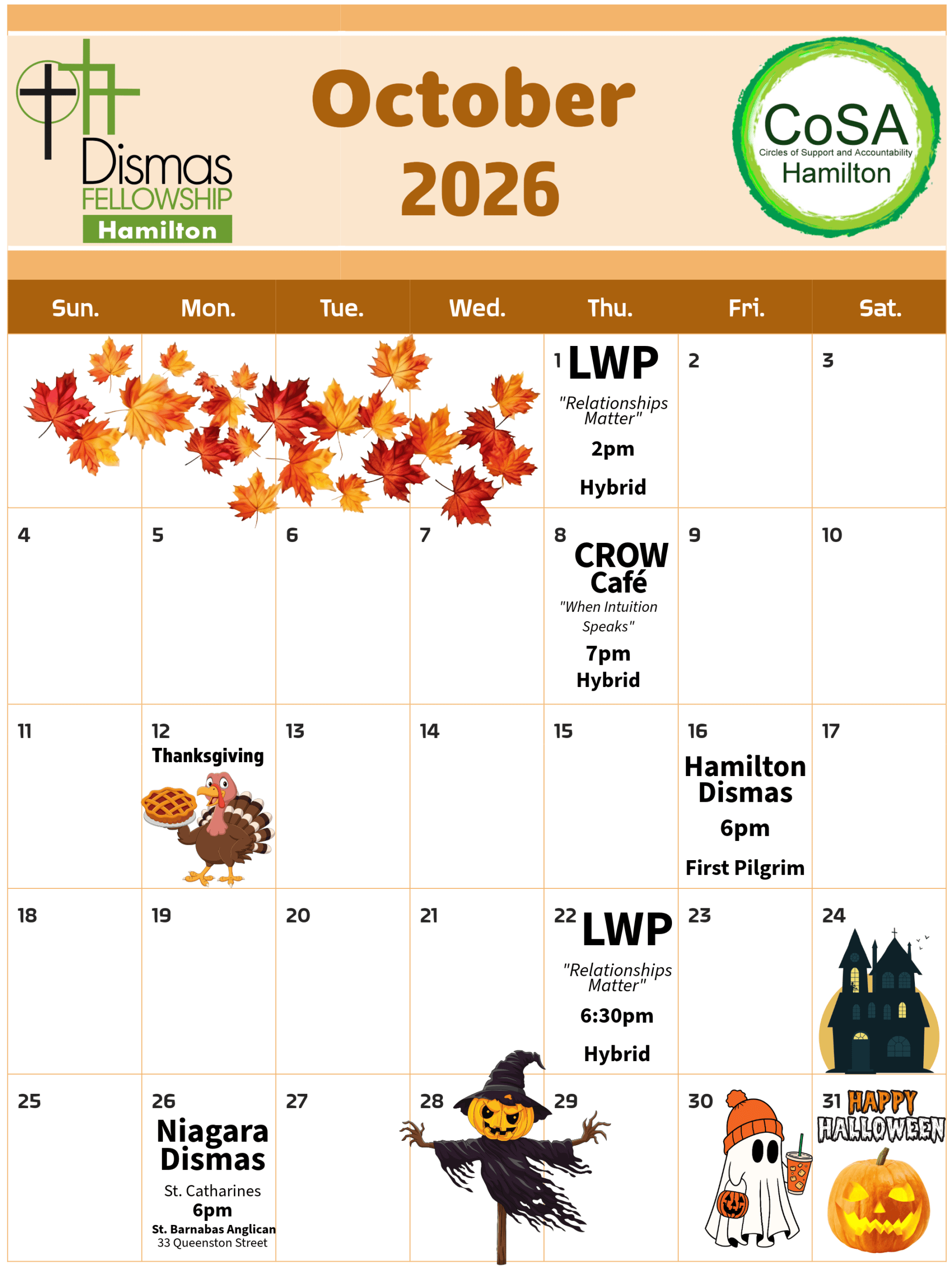 Dismas & CoSA Hamilton Calendar of Events - October 2026 - without CROW Creators' Circle