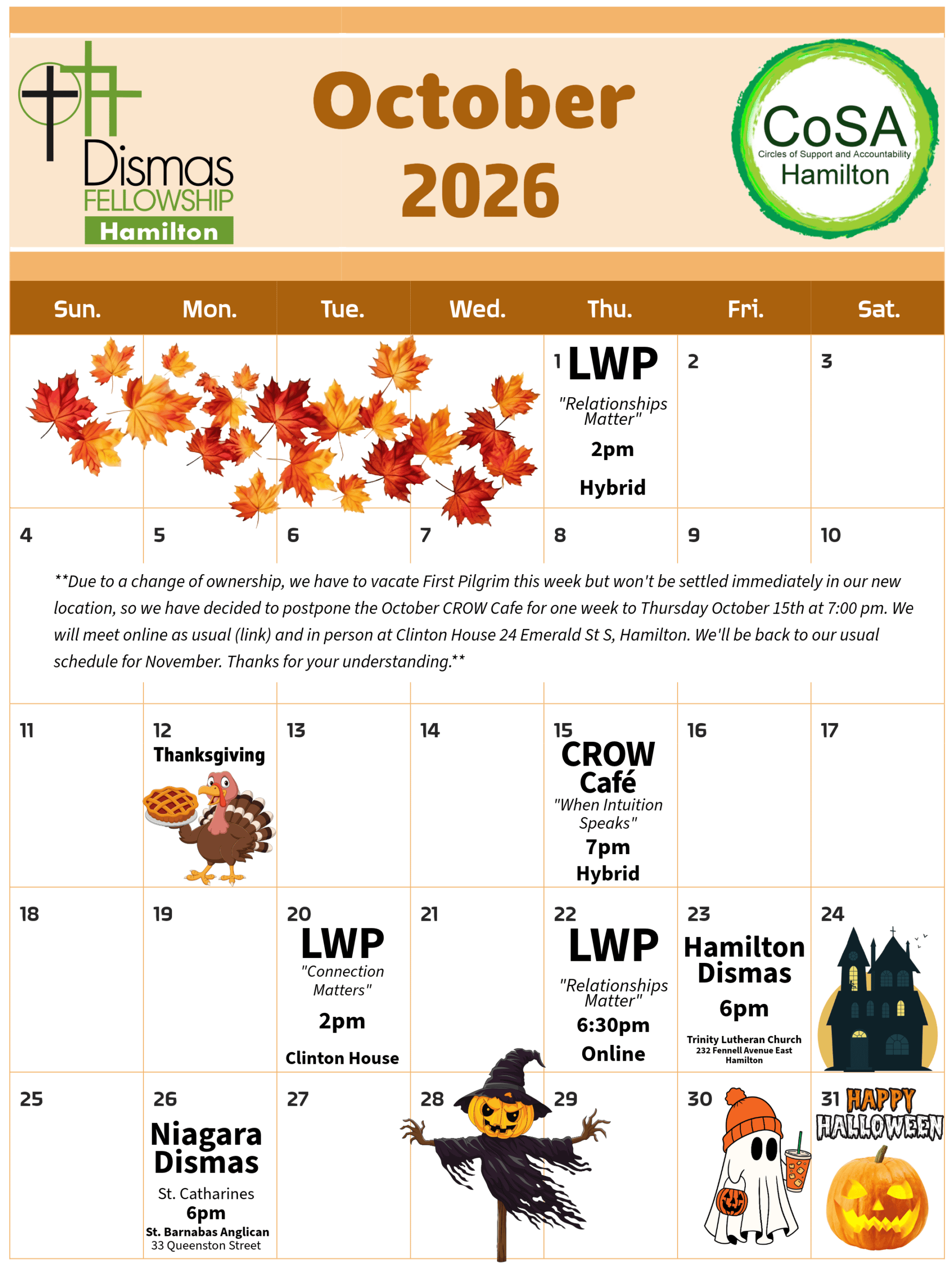 Hamilton Dismas & CoSA Hamilton Events Calendar - October 2026