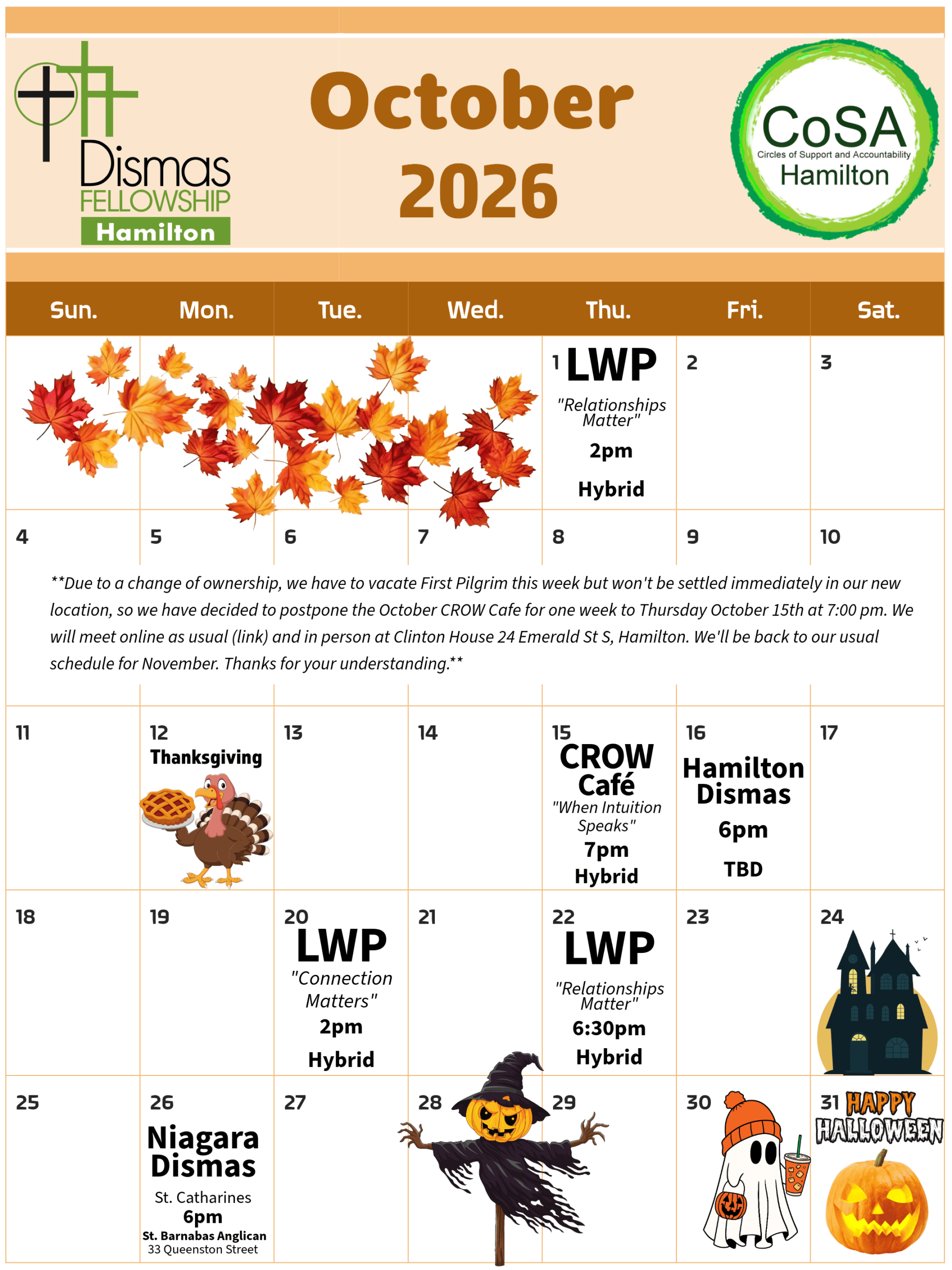 Dismas & CoSA Hamilton Events Calendar - October 2026