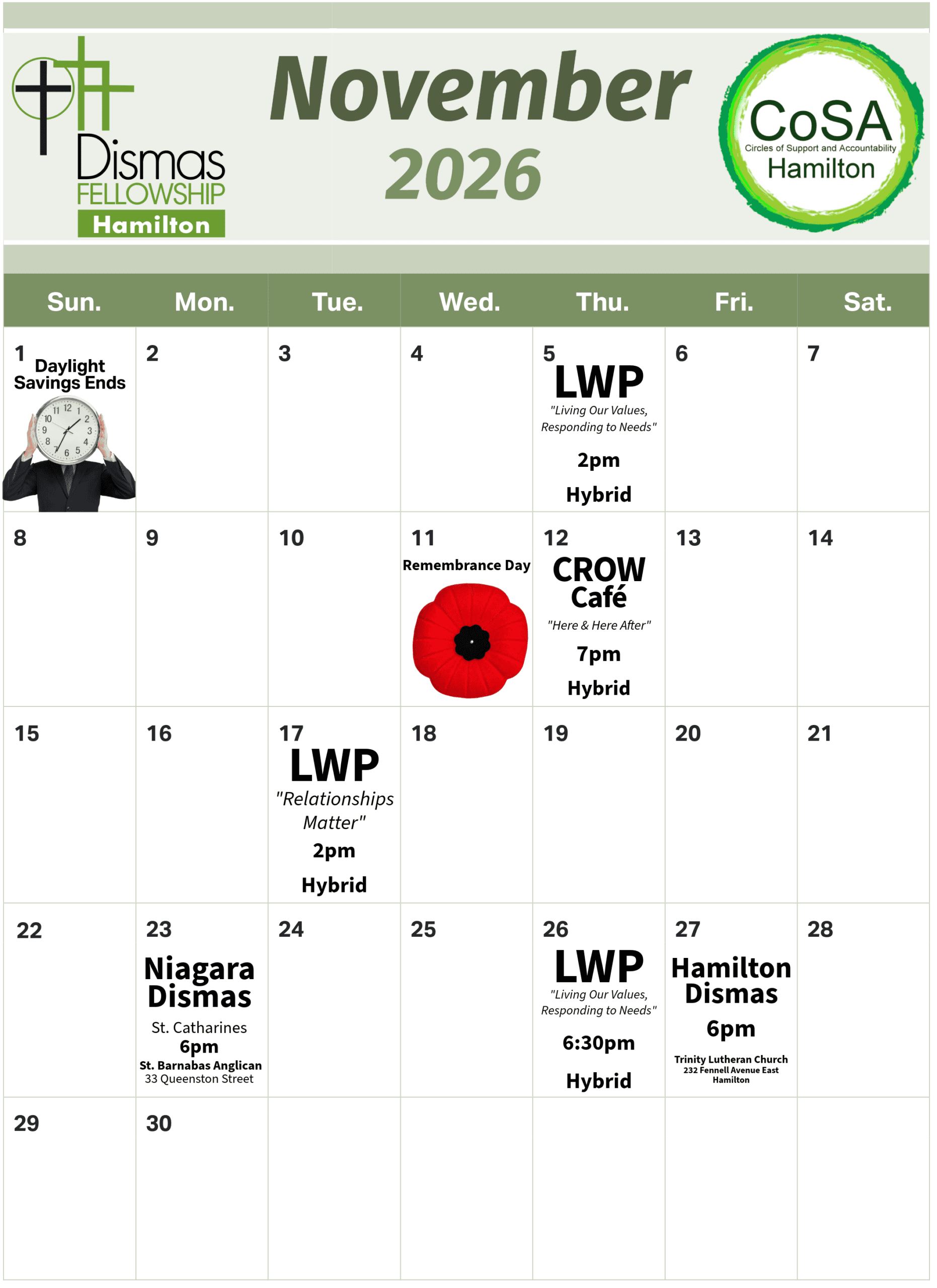 Dismas Fellowship & CoSA Hamilton Events Calendar - November 2026